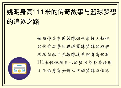 姚明身高111米的传奇故事与篮球梦想的追逐之路